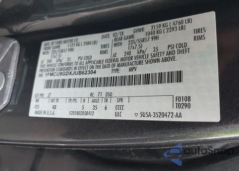 2018 Ford Escape Se z USA, uszkodzony, nr VIN 1FMCU9GDXJUB62304